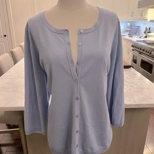 Talbots light blue button-down three-quarter length sleeve cardigan.